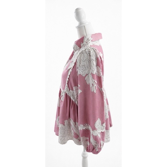 Entro Floral V-Neck Top Scalloped Trim Puff Sleeve Pink & White Large - Picture 4 of 15